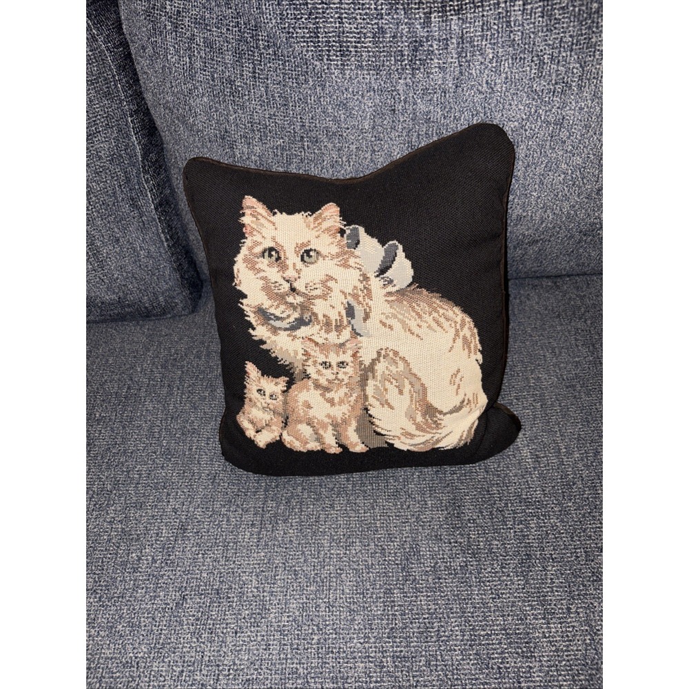 Vintage Decorative Cat Tapestry Throw Pillow 11 X 11. White Cat With Kittens.